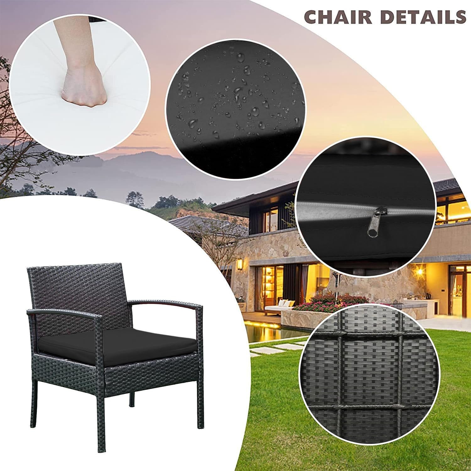 3 PCS Patio Rattan Conversation Chairs Set, Outdoor Patio Furniture Balcony Furniture Set, Wicker Patio Set for Garden Porch Balcony Yard, Black-2