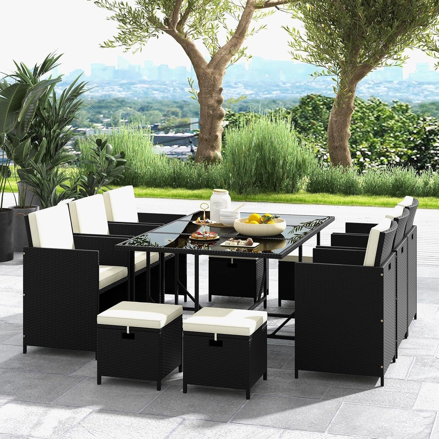 11 Pieces Patio Dining Set, Space-Saving Wicker Chairs & Tempered Glass Table with Ottomans, Thick Soft Cushions, Outdoor Conversation Furniture Set for Garden Yard Poolside-1