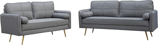 Modern 2 Piece Sofa Set Velvet Loveseat & Sofa Set with Bolsters & Metal Legs for Living Room - Grey-0