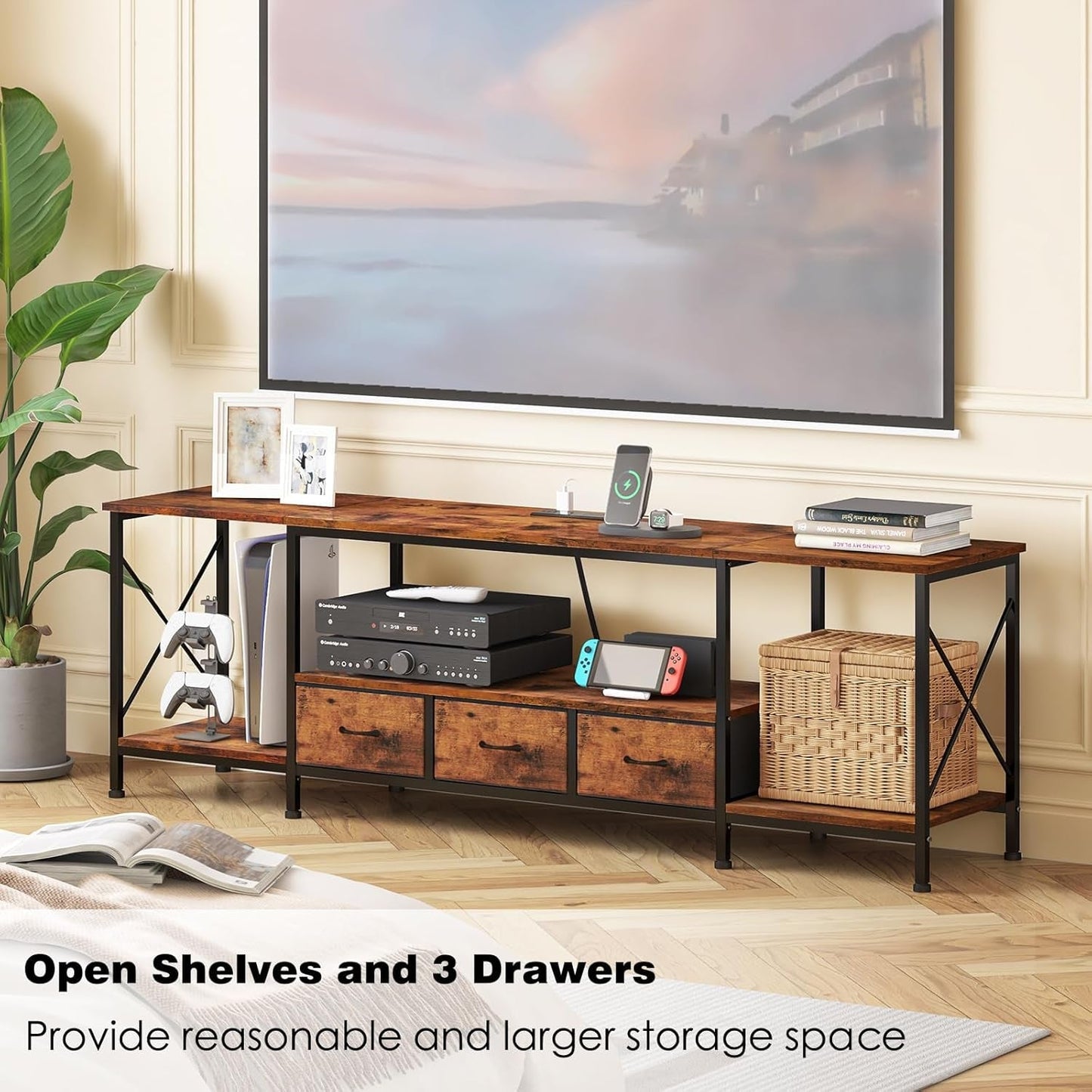 TV Stand for 65 60 70 Inch TV Entertainment Center with Power Outlets and Fabric Drawers, TV Console Table with Metal Frame Storage Shelves for Living Room, Bedroom - 63" Rustic Brown-2