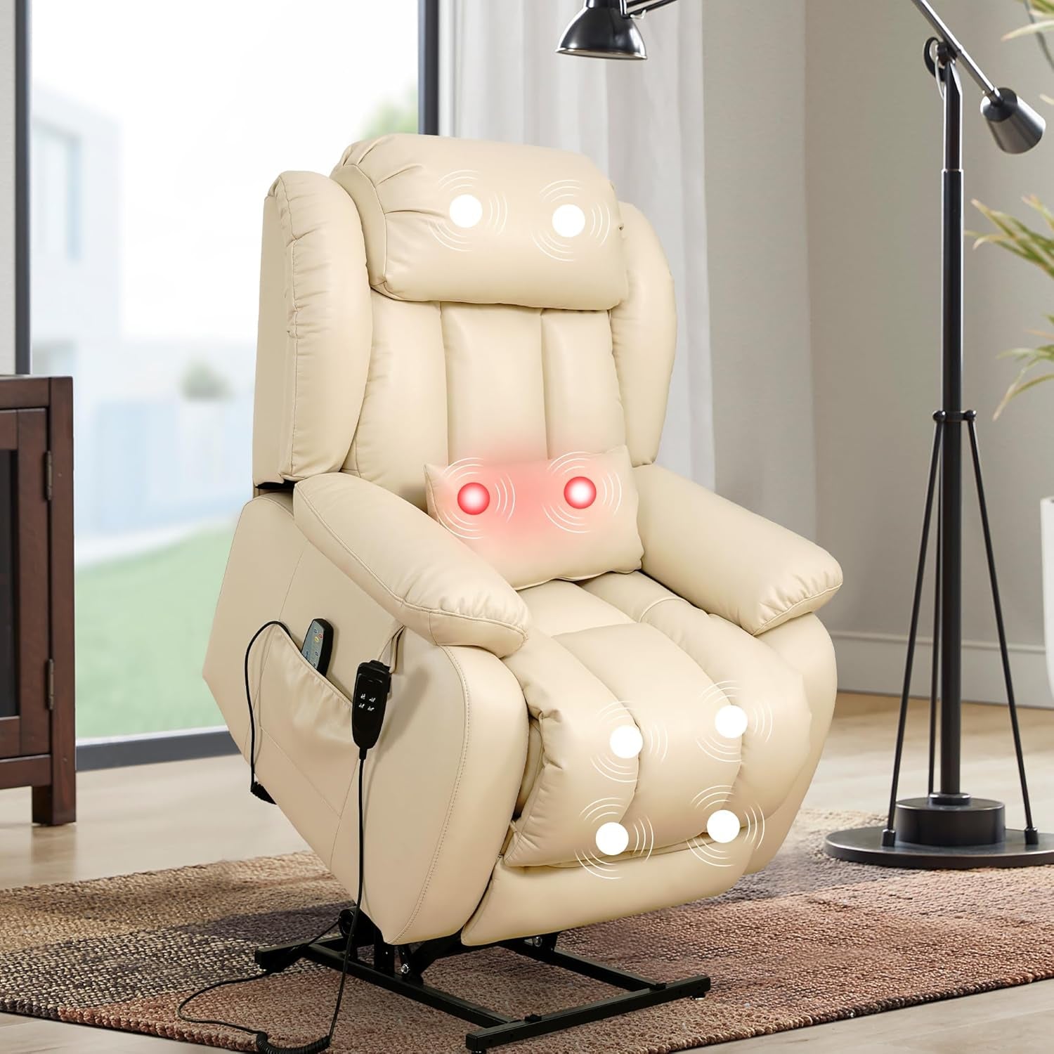 Large Reclining Lift Chair, Dual Motor Massage Chair, Genuine Leather Recliner with Heating and Massage for Seniors, with Double Lumbar Cushion and Extended Footrest, USB Port(Beige)-3