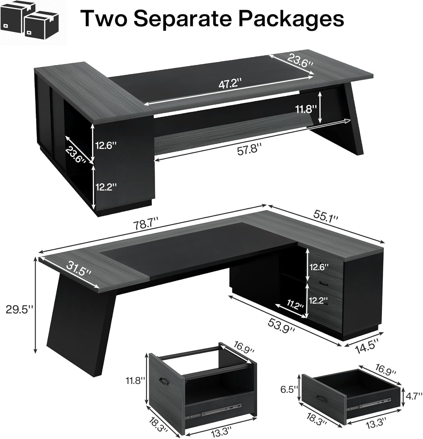 78" L-Shaped Executive Desk, Large Modern Office Desk with Drawers and Lateral File Cabinet, Business Furniture with Storage Shelves, Big Computer Desk for Home Office (Grey + Blcak)-1