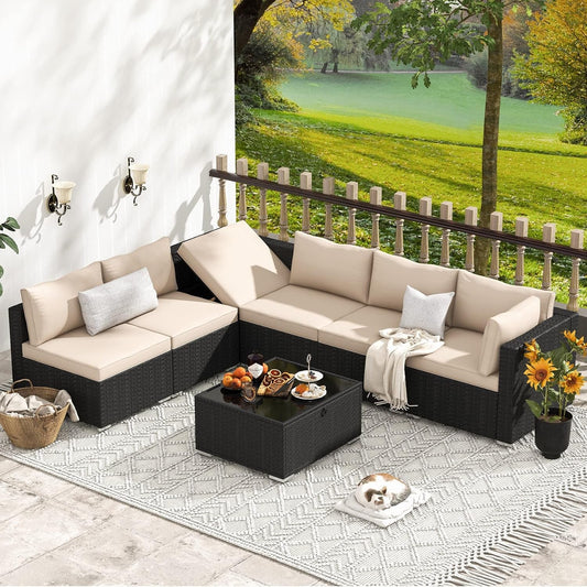 7 Piece Outdoor Patio Furniture, Hand Woven PE Rattan Patio Conversation Sets, Outdoor Sectional Set with Storage Table, Cushions and Pillows, Lift Sofa for Garden, Balcony, Lawn-0