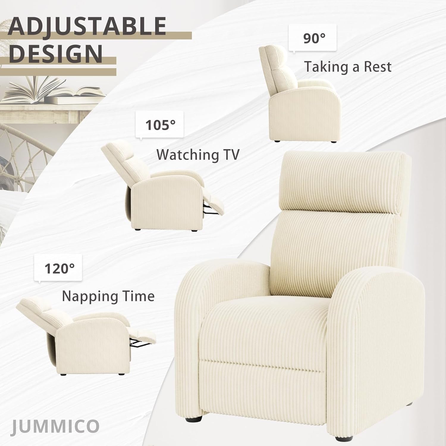 Recliner Chair Adjustable Home Theater Single Recliner Sofa Furniture with Thick Seat Cushion and Backrest Modern Living Room Recliners (Corduroy, Beige)-3