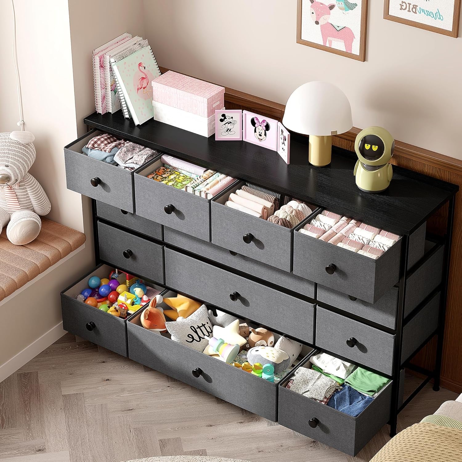 13 Dresser for Bedroom, Wide Dresser with 13 Drawers, Dressers & Chests of Drawers with Wood Top, Fabric Dresser for Bedroom Living Room Entryway,11.8" D X 39.4" W X 31.49" H,Dark Grey-2
