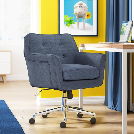Ashland Home Office Desk Chair with Button Tufted Mid-Back, Memory Foam Cushion and Padded Arms, Mid Century Modern Vanity Armchair with Wheels for Bedroom, Chrome Metal Base, Blue-1