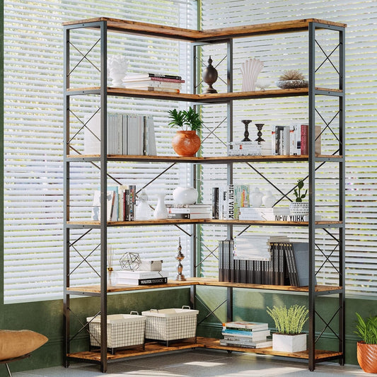 6-Shelf Corner Bookcase, Vintage Industrial Corner Bookshelf Etagere Bookcase, 6 Tiers Corner Shelf Storage Rack with Metal Frame for Living Room Home Office-1