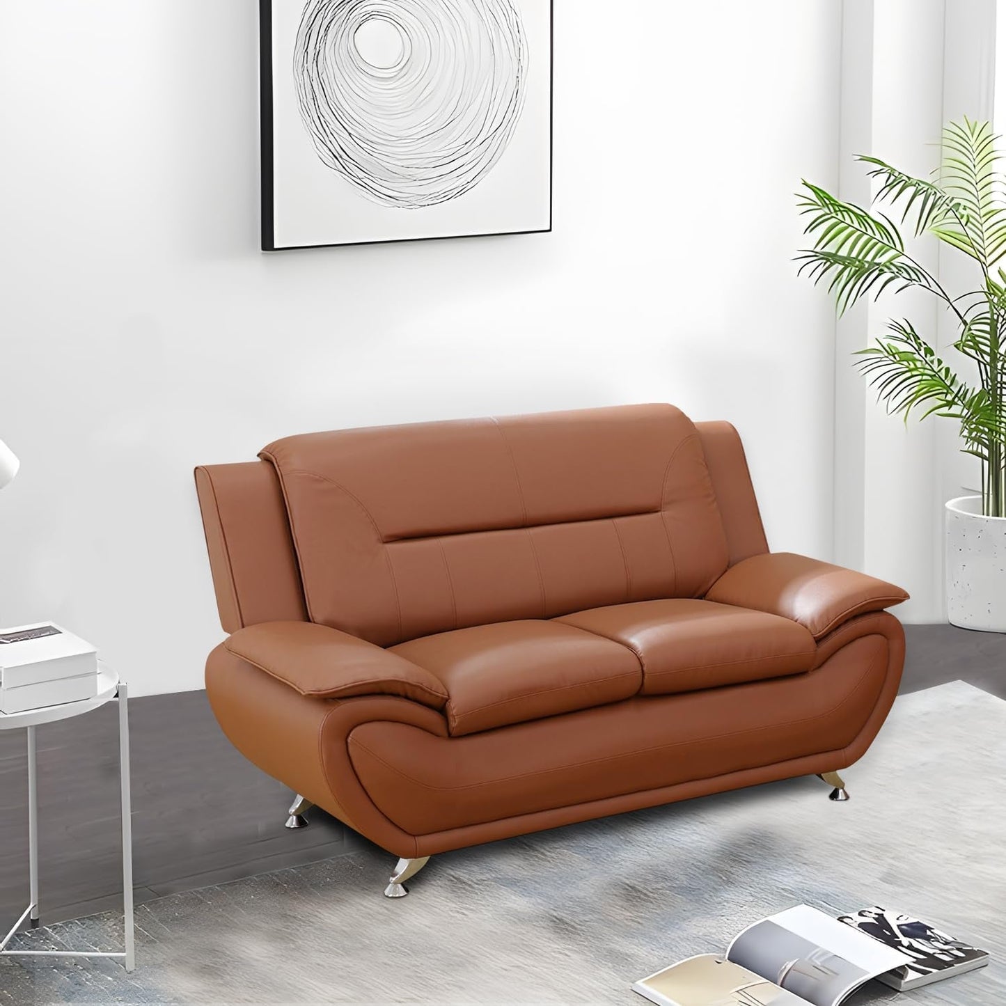 Faux Leather 2 Piece Sofa Set, Modern Orange Living Room Couch and Loveseat with Solid Wood Frames, Foam Filled, Button Tufted-3