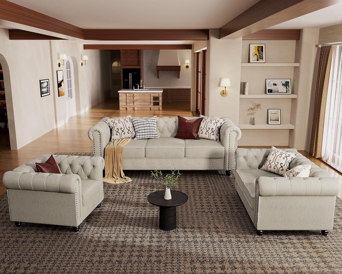 3 Piece Classic Chesterfield 6-Seater Set, Tufted Chair & Loveseat & Sofa Solid Wood Legs Thick Cushion, Pet-Friendly Couch Set Furniture for Living Room Bedroom Apartment, Linen Beige-0