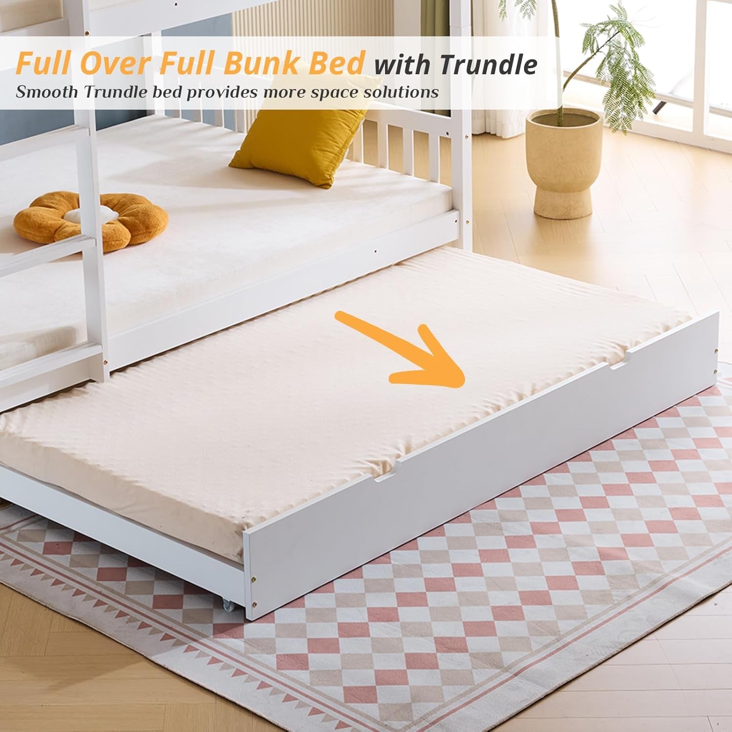 Wooden Bunk Bed,Full over Full White Bed with Trundle and Ladder,Detachable Bunk Frame with Guardrail,Space Saving Bunk Bed for Kids and Adults, No Spring Bed Required-4