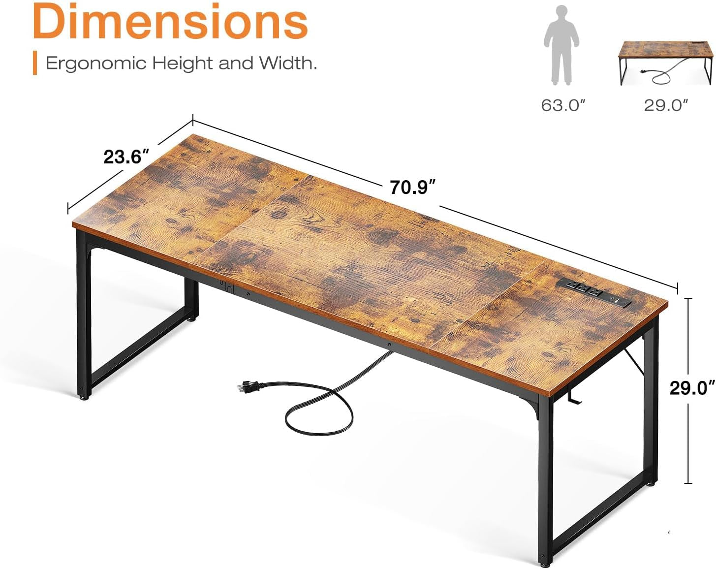 71 Inch Computer Desk with USB Ports, Large Office Desk, Long Study Student Writing Desk, Rustic Brown-2