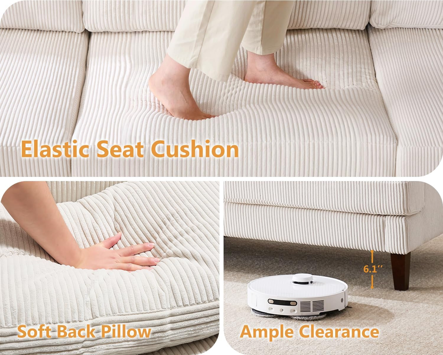 3 Seater Sofa Couch with Deep Seats, 89" Mid Century Modern Upholstered Sofa, Comfy Corduroy Sofas with Armrests, Couches for Living Room, Bedroom, Apartment and Office (Beige)-3