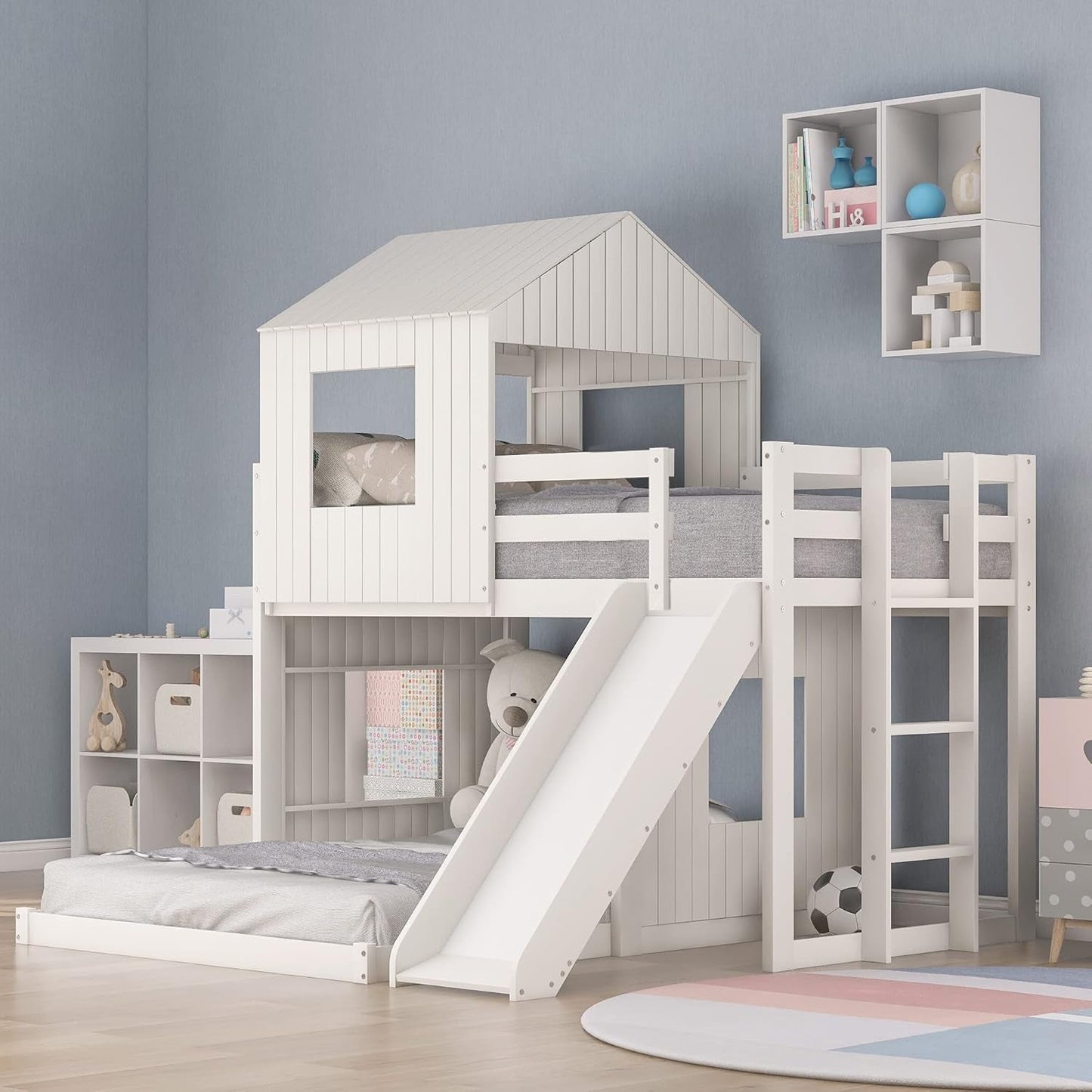 Twin over Full Bunk Bed Frames Loft Bed with Slide, House Roof, Window and Safety Guardrails for Boys or Girls, White-0