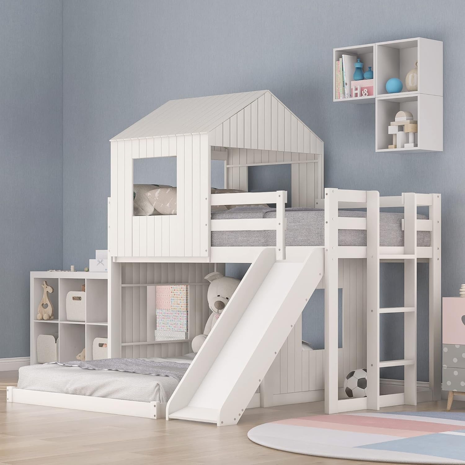 Twin over Full Bunk Bed Frames Loft Bed with Slide, House Roof, Window and Safety Guardrails for Boys or Girls, White-0