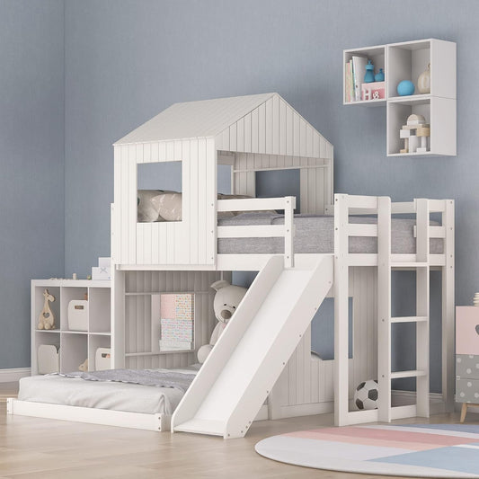 Twin over Full Bunk Bed Frames Loft Bed with Slide, House Roof, Window and Safety Guardrails for Boys or Girls, White-0