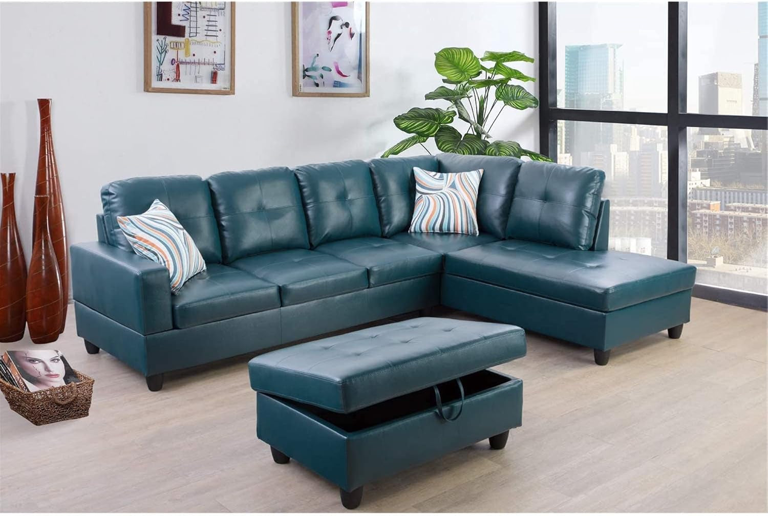 Sectional Sofa Faux Leather Modern L Shaped Couch Set 103.5”Wide Including Chaise and 3 Seating Sofa with Storage Ottoman for Living Room Furniture (Right Hand Facing, A-Denim)-0