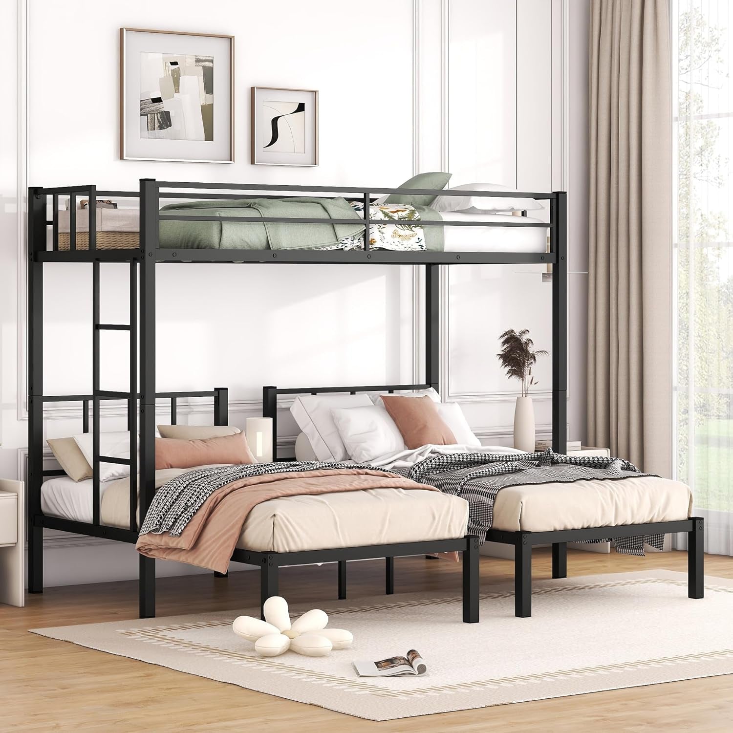 Twin over Twin over Twin Triple Bunk Bed for Kids,3 Bed Bunk Beds for 3,Metal Triple Bunk Beds with Built-In Desk,Separates into 3 Twin Beds,Noise Reduced Structure,Black-4