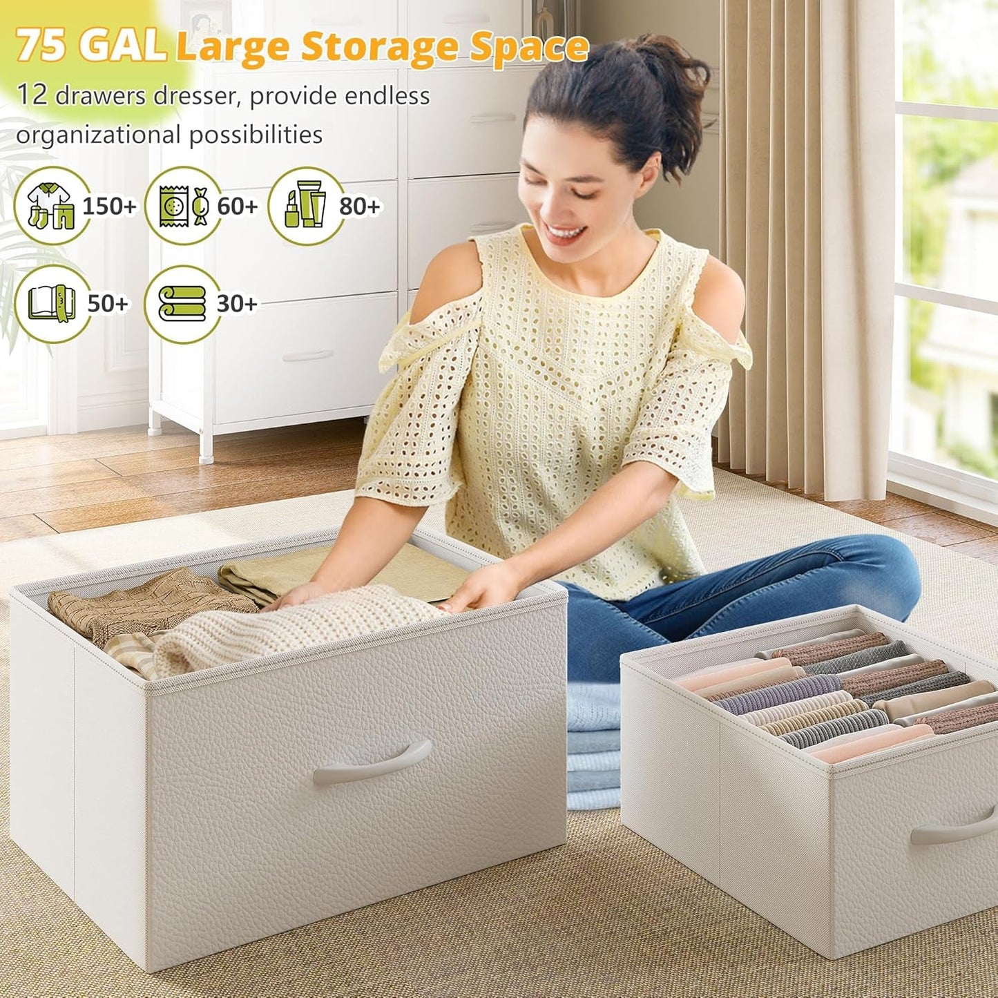 Dresser for Bedroom with LED Lights, 12 Drawers Bedroom Dresser, Black Dresser and Tall Dresser with Open Shelves, Fabric Dressers & Chests of Drawers with Sturdy Metal Frame, White-3