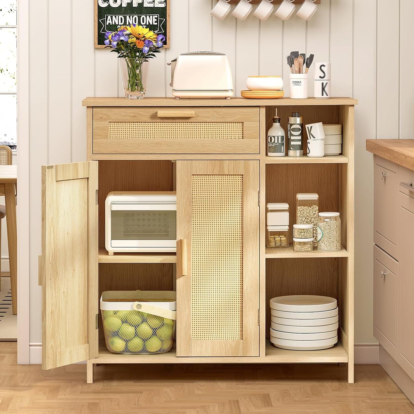 Natural Rattan Boho Storage Cabinet with Adjustable Shelves-0