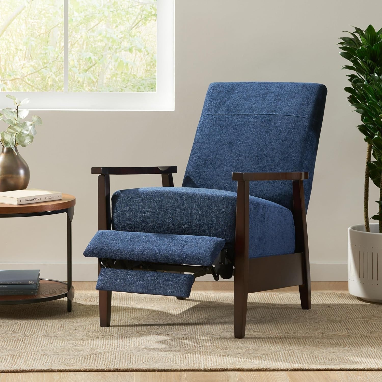 Wide Wood Hand Manual Club Recliner, Adjustable Chaise Chair Fabric Single Lie Sofa for Living Room, Bedroom, Office, Lounges, 35" D X 24.75" W X 37.75" H, Navy Blue-0