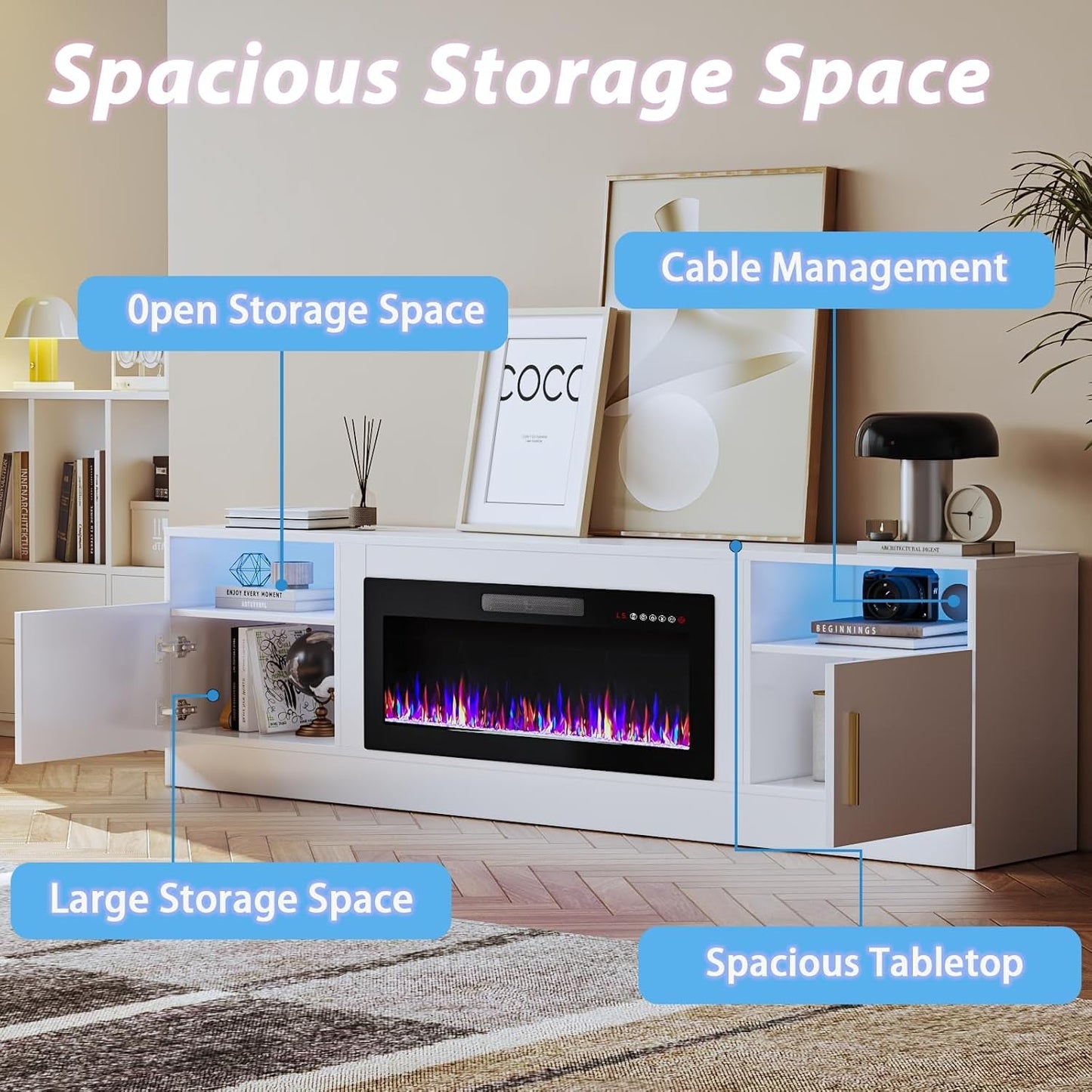 Fireplace TV Stand with 36" Fireplace，80" TV Stand with LED Light for Tvs up to 85"，Entertainment Center Console Table with Highlight Storage Cabinets (White)-3