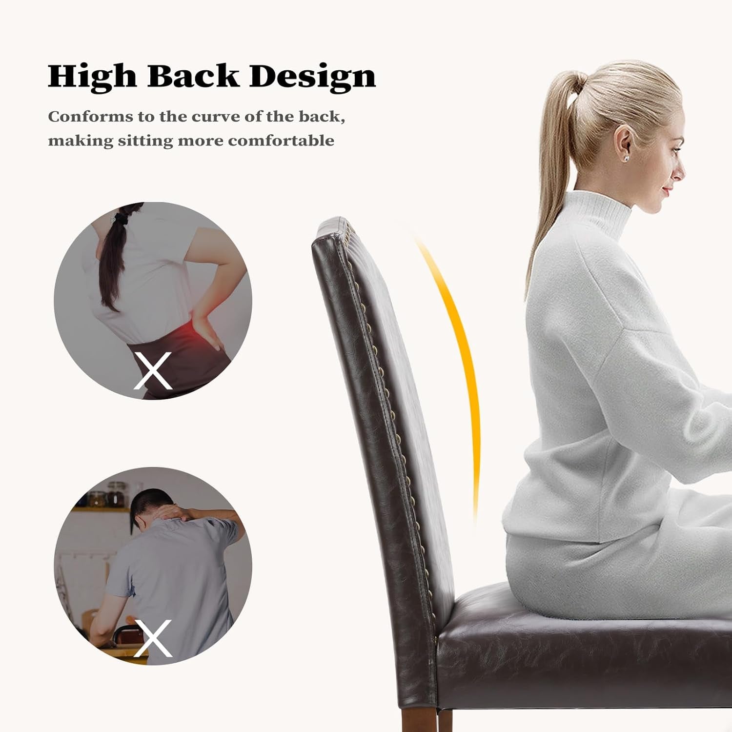 Dining Chairs Set of 4, Upholstered Leather Kitchen Room Chairs Mid Century Modern High-End Dining Room Side Chairs with Nailhead Trim and Wood Legs for Bedroom, Living Room, Brown-4