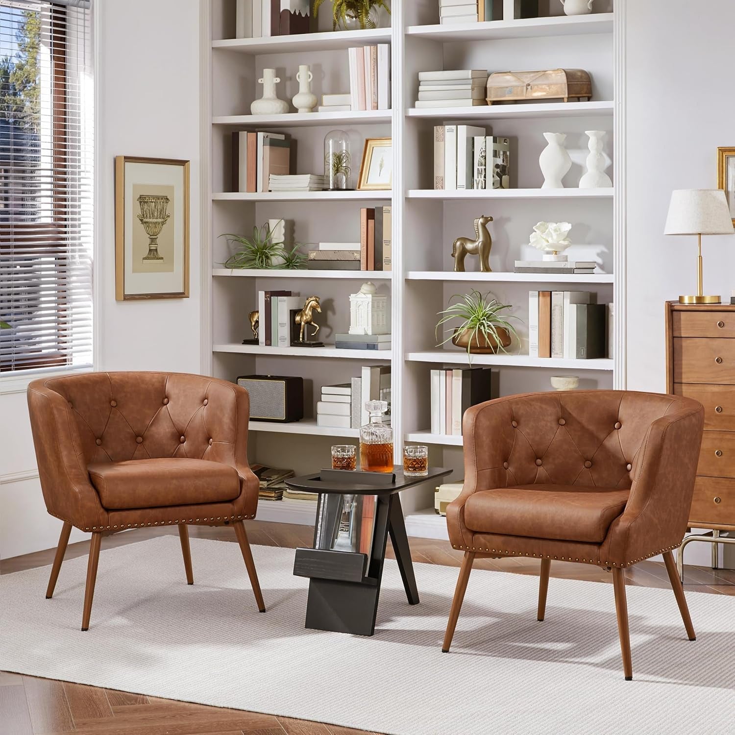 Modern Accent Chair, PU Leather Retro Armchair, Upholstered Barrel Chair with Metal Leg and Comfy Seat Cushion for Living Room Bedroom, Retro Brown, Set of 2-2