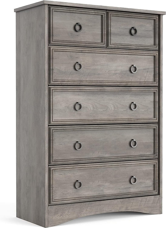 Gray Wash Tall Dresser with 6 Drawers for Bedroom Storage-0