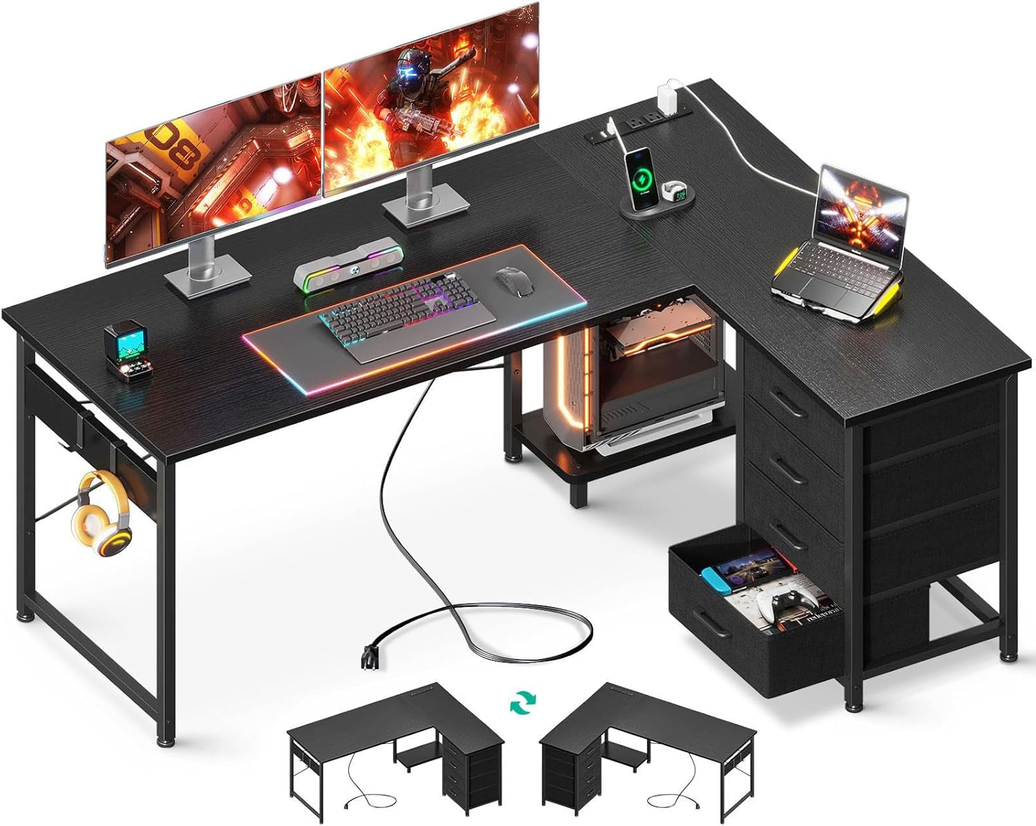 L Shaped Gaming Desk with 4 Drawers, 53" Reversible Home Office Desks with Power Outlets, L Shaped Computer Desk with USB Charging Port and Host Stand, Corner Desk, Easy to Assemble, Black-0