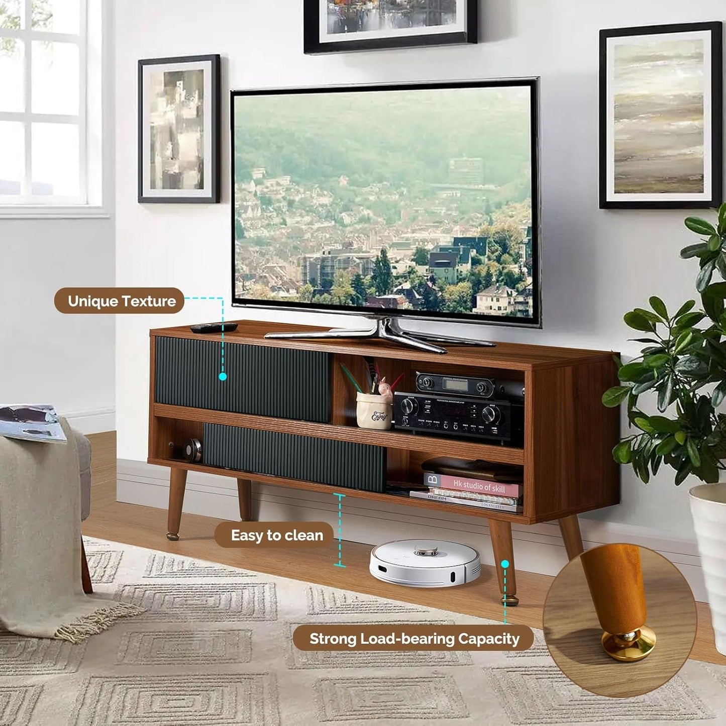 TV Stand for 46 Inch TV Mid Century Entertainment Center with Storage, Sliding Door TV Stand with 4 Shevels, Media Console Table, Low Cabinet for Home, Bedroom, Walnut-2