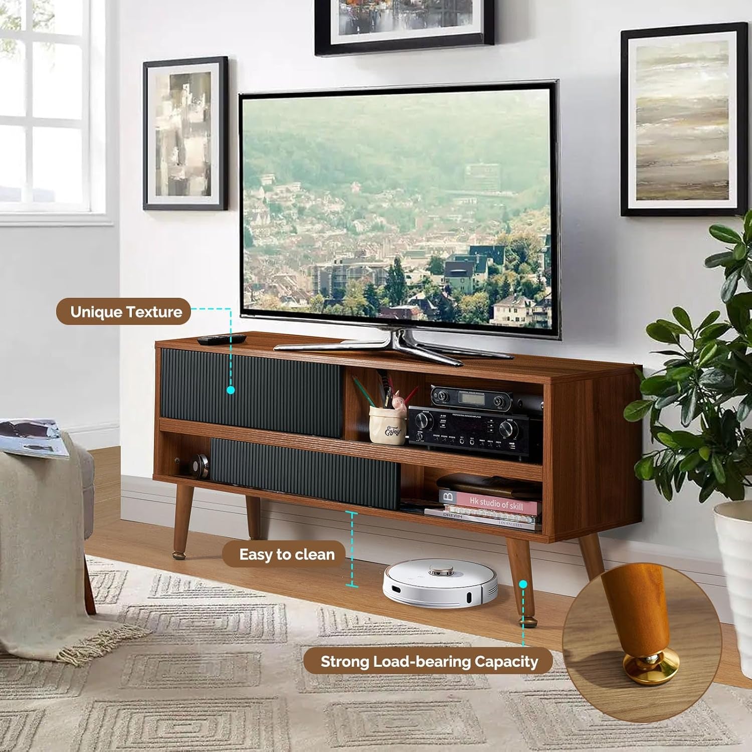 TV Stand for 46 Inch TV Mid Century Entertainment Center with Storage, Sliding Door TV Stand with 4 Shevels, Media Console Table, Low Cabinet for Home, Bedroom, Walnut-2