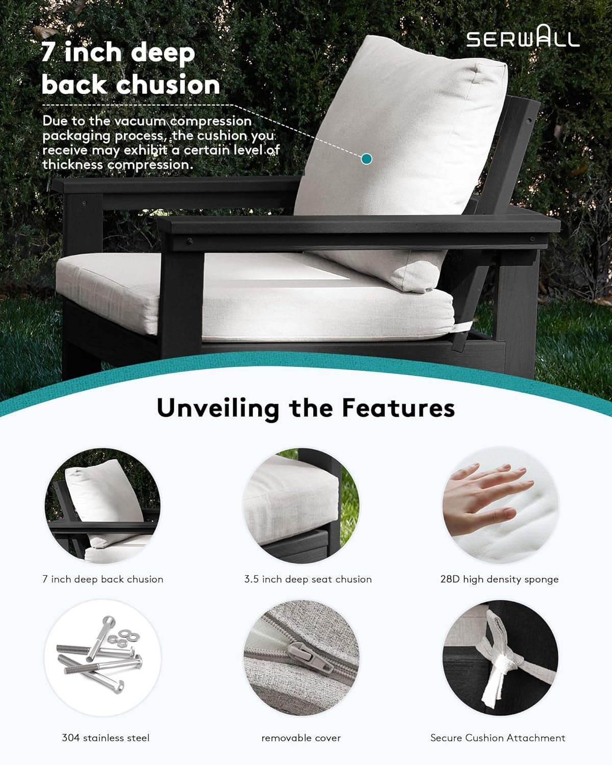 HDPE Outdoor Patio Furniture Set, 7-Piece Outdoor Sectional Patio Conversation Set, All Weather Outdoor Couch Set Patio Sofa Set for Deck, Lawn, Black Frame with Khaki Cushion-3