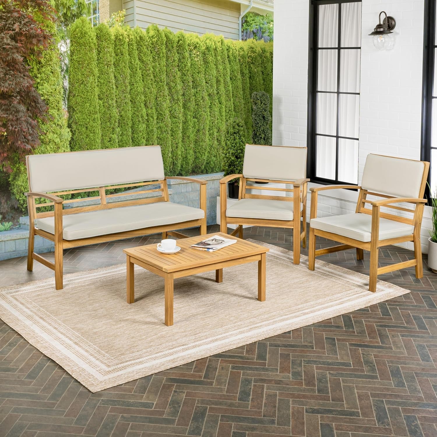 LVG1000A-4SET Barclay 4-Piece Modern Coastal Acacia Wood Conversation Outdoor Patio Set with Cushions Transitional, Classic, Traditional, Vintage, Mid-Century, Light Gray/Teak Brown-1