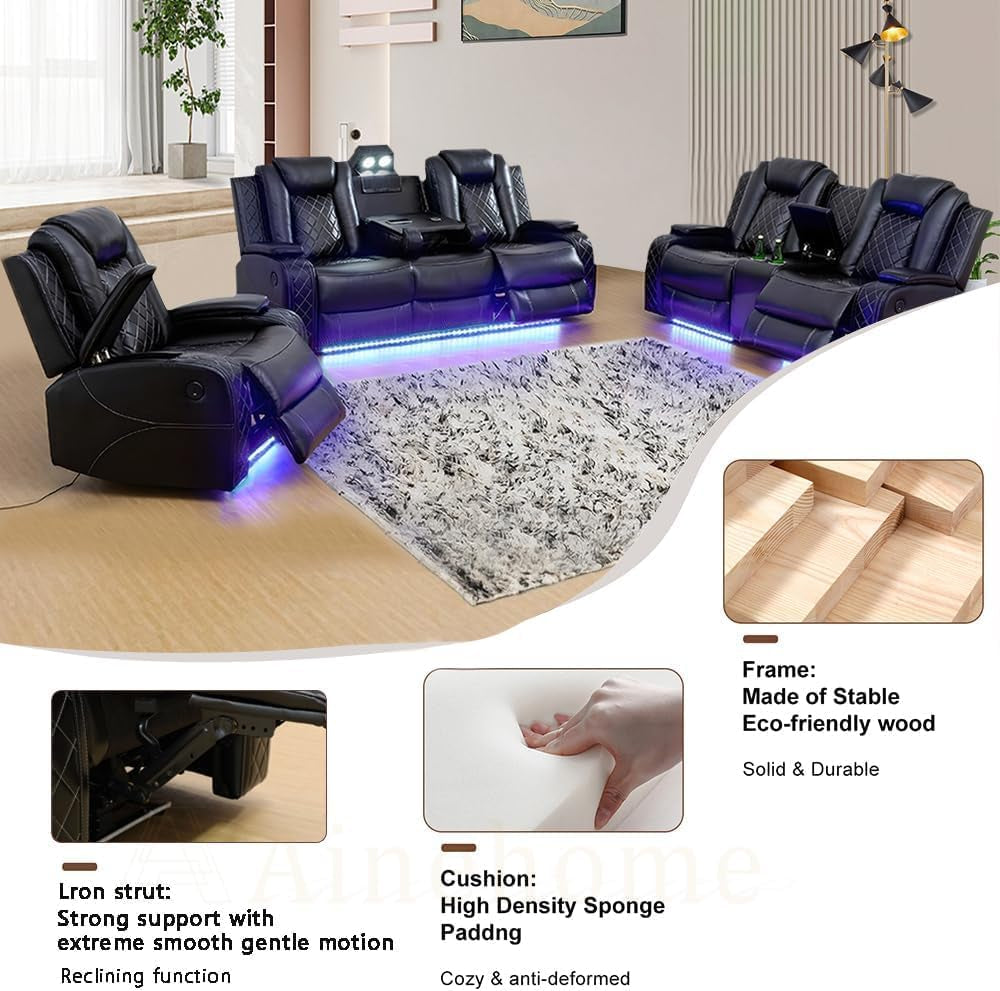 Multifunction Power Air Leather Recliner Sofa Set with LED Lights, Living Room Furniture, Reclining Sofa, Loveseat, Chair with USB Port/Storage Console/Cup Holders (Black, 3 Pieces)-2