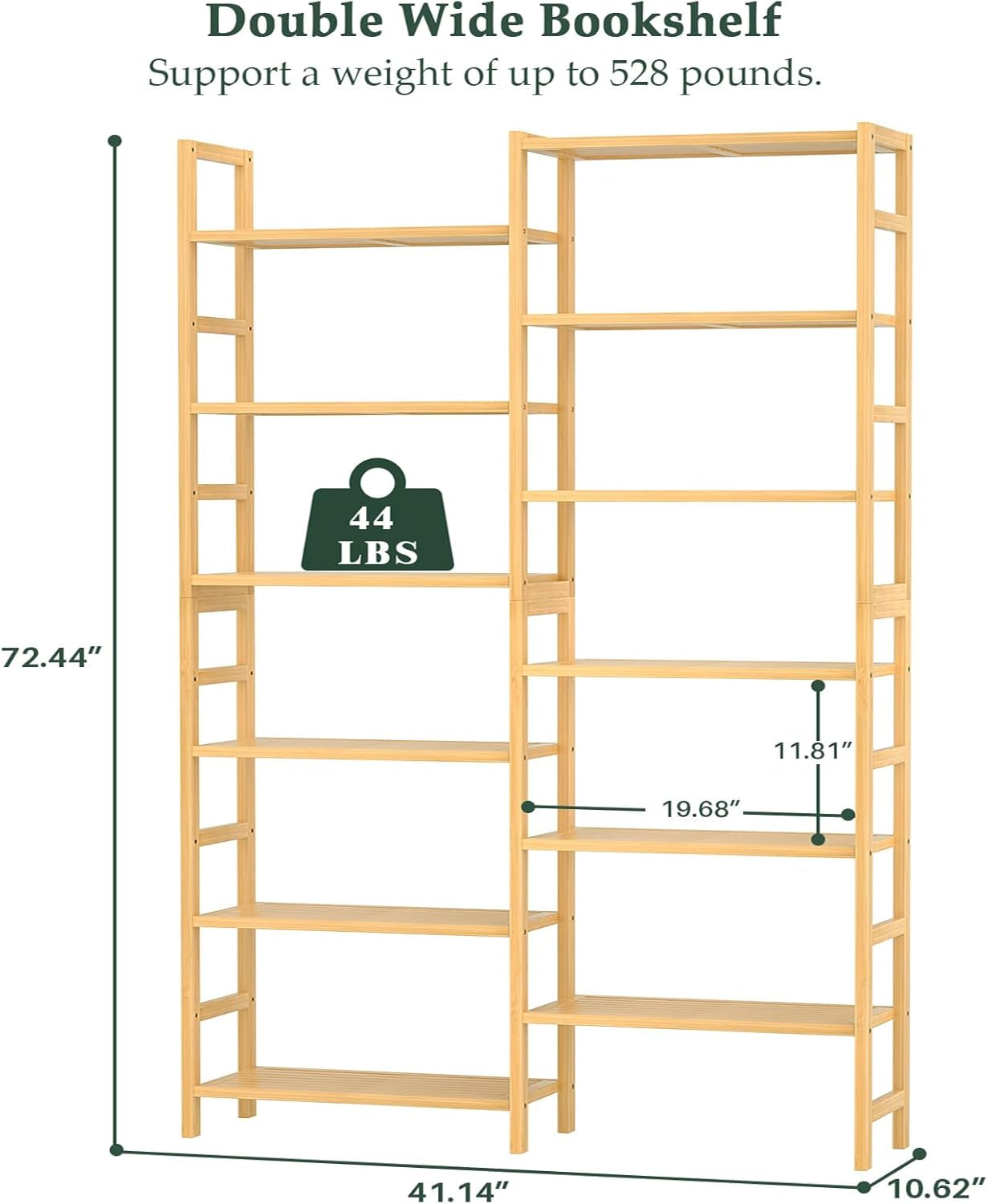Double Wide Bamboo Bookshelf, 6-Tier Large Open Bookcase with 12 Display Shelves, 6Ft Tall Freestanding Book Shelf for Home Office, Bedroom, Living Room, Plants, Natural-2