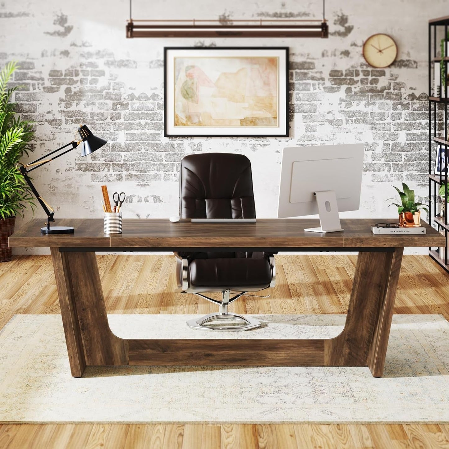 71 Inch Brown Executive Wood Computer Desk-0