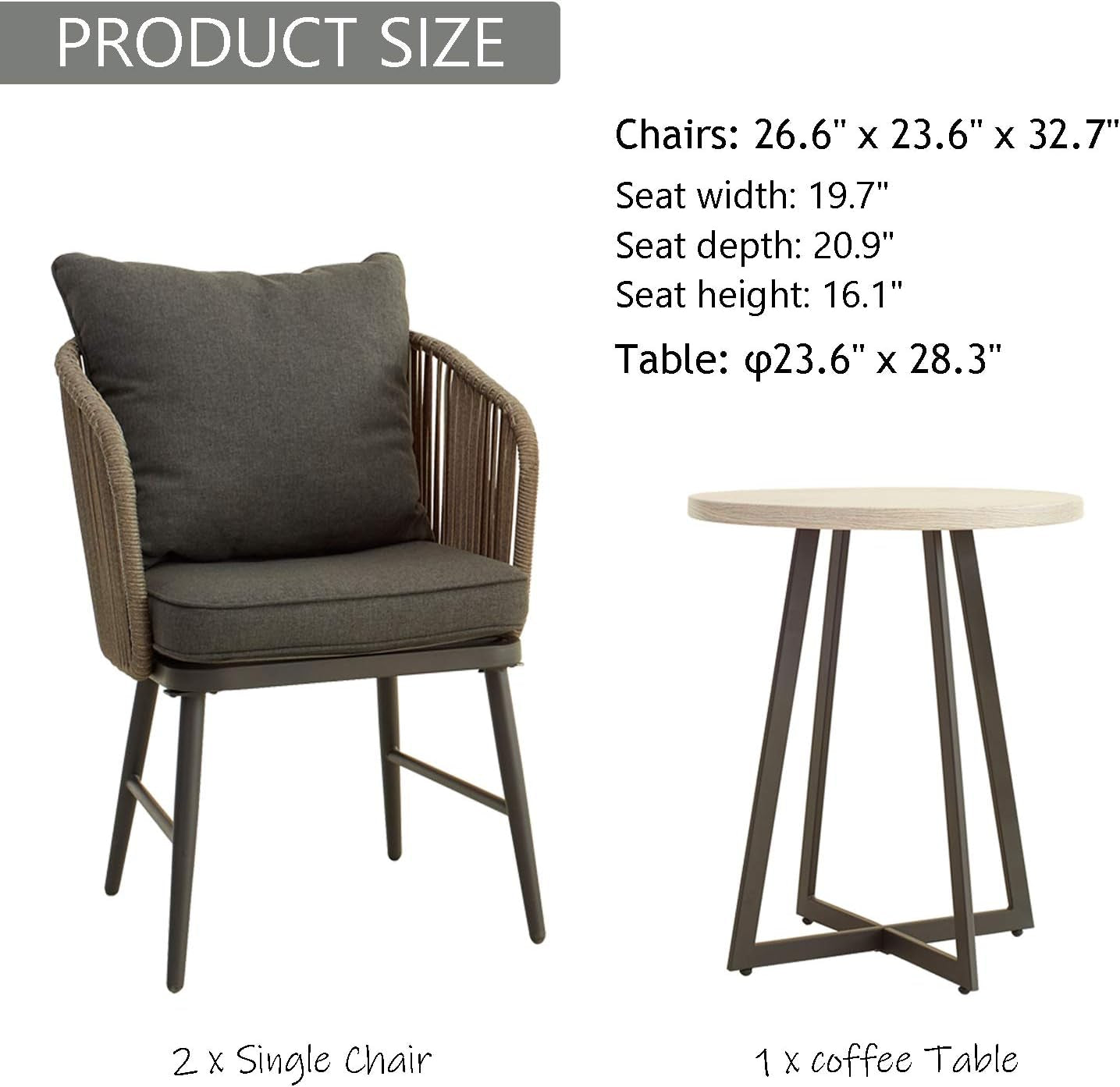 3 Piece Bistro Set Outdoor Patio Wicker Chairs and Table Metal Frame Modern Rattan Chair with Cushion and Small Coffee Table for Balcony Backyard Garden Poolside (Beige Tabletop, 3 Pcs)-2