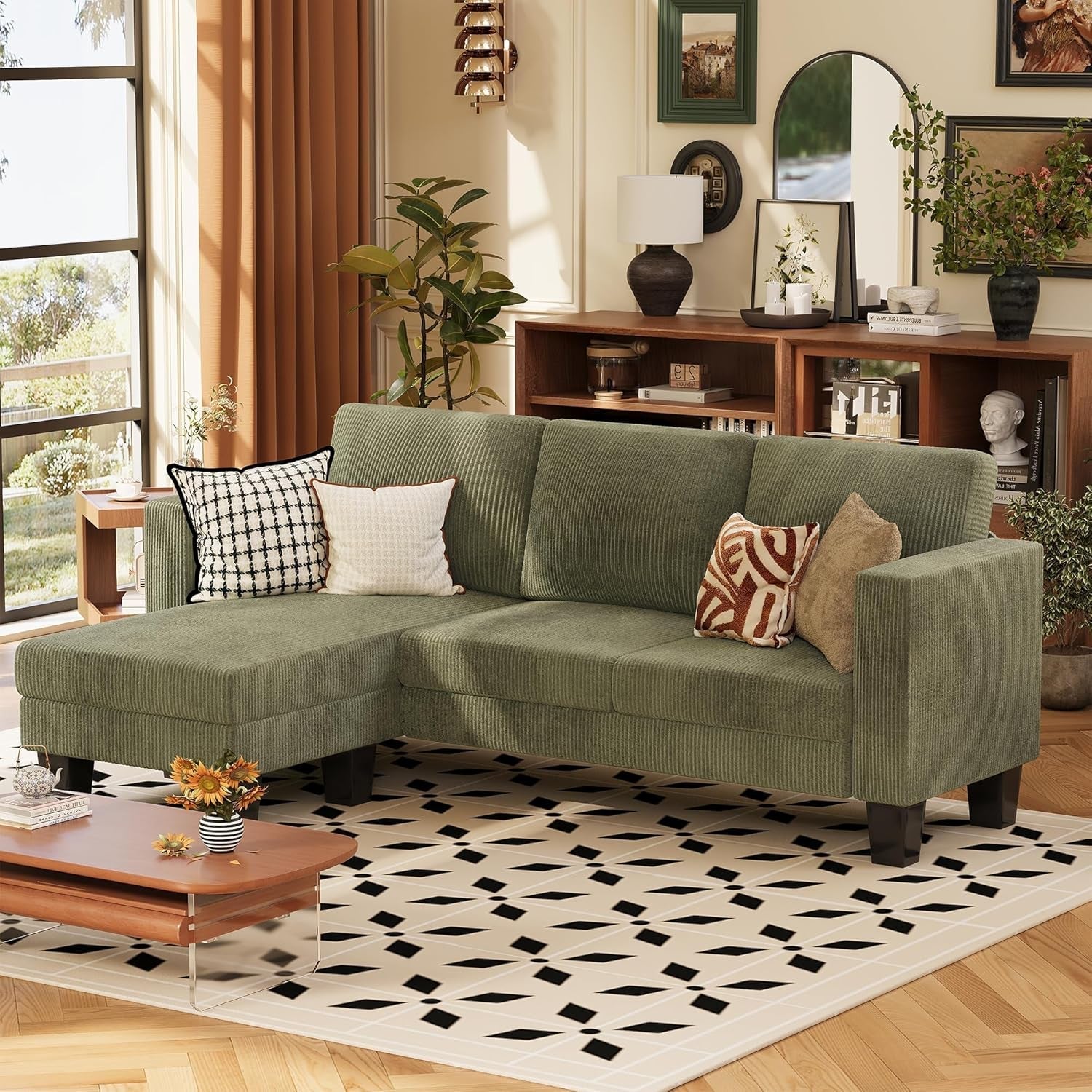 Green Corduroy Convertible L-Shape Sofa with Ottoman-1