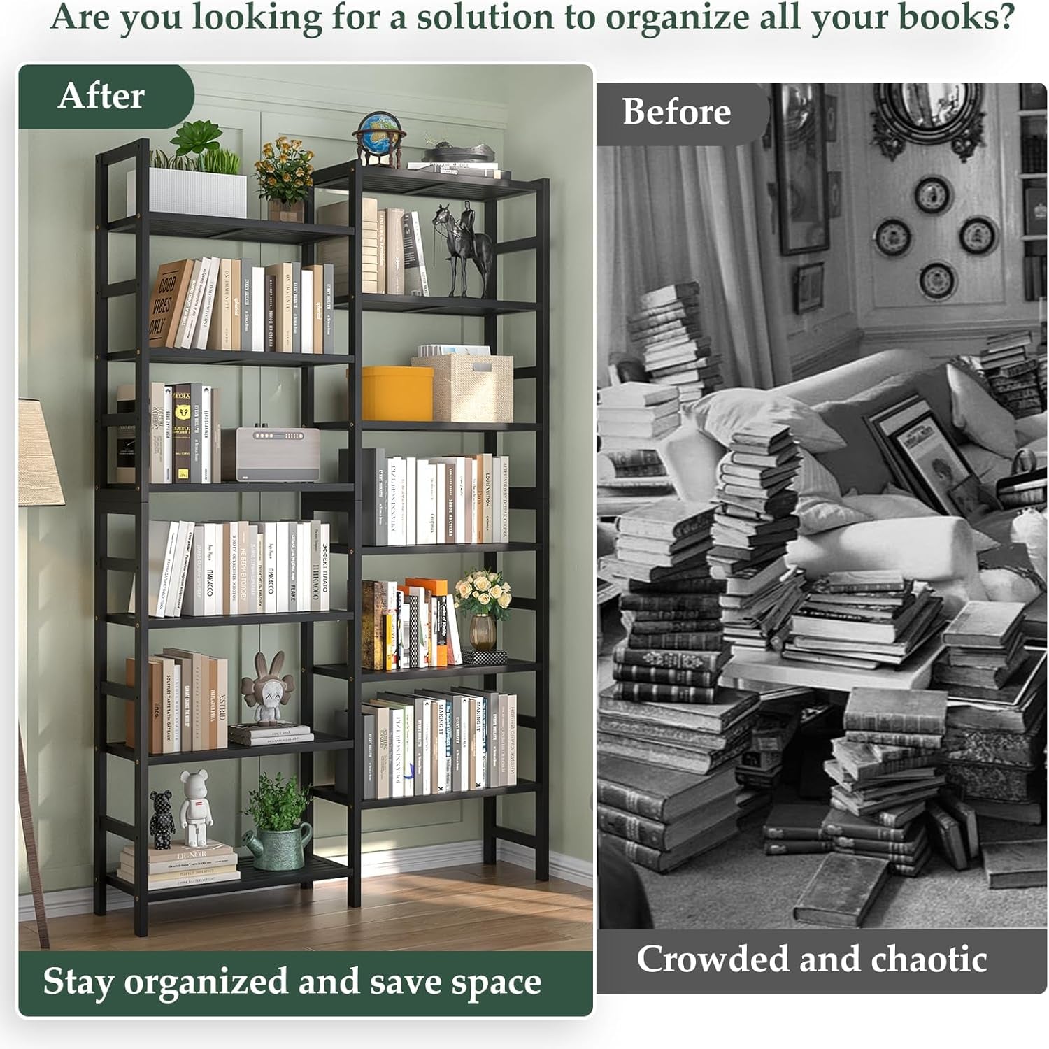 Double Wide Bamboo Bookshelf Black, 6-Tier Large Open Bookcase with 12 Display Shelves, 6Ft Tall Freestanding Book Shelf for Home Office, Bedroom, Living Room, Plants-4