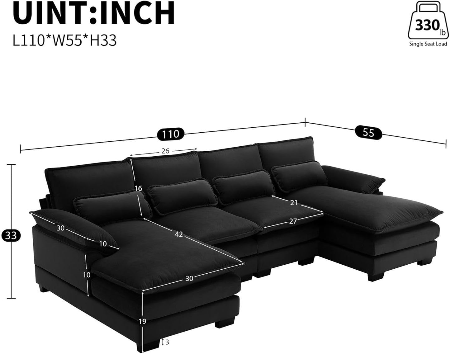 110" Modular Sectional Couches with Waist Pillows, 6-Seat U-Shaped Upholstered Sleeper Sofa Bed Chaise Lounge for Living Room Furniture, Large, Black-1