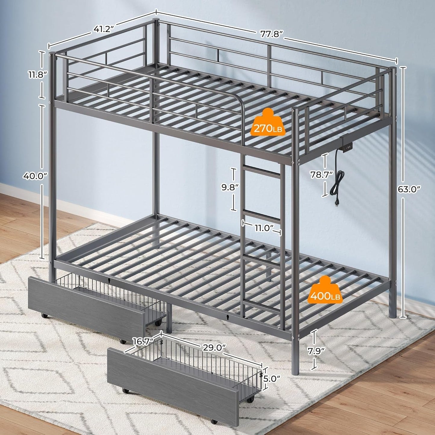 Metal Bunk Bed Twin over Twin with USB Charging Station, LED Bunk Bed with 2 Storage Drawers, Bed with Safety Guardrail & Ladders, No Box Spring Needed, Easy Assembly, Grey-2