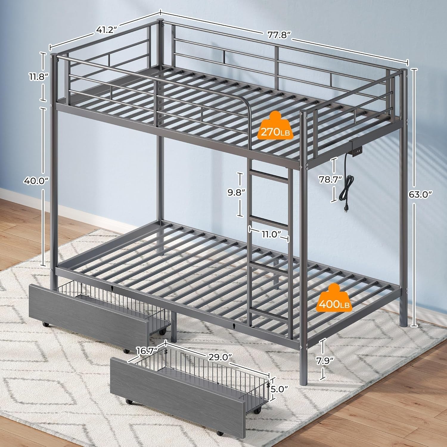 Metal Bunk Bed Twin over Twin with USB Charging Station, LED Bunk Bed with 2 Storage Drawers, Bed with Safety Guardrail & Ladders, No Box Spring Needed, Easy Assembly, Grey-2