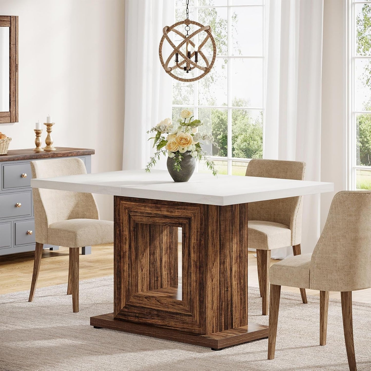 47-Inch Farmhouse Dining Table for 4, White Kitchen Dinner Table with Heavy Duty Pedestal, Rustic Wooden Eating Table for Home, Dining Room, Small Space, White & Brown-3