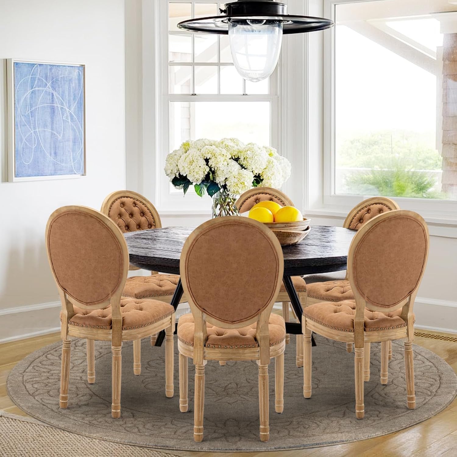 PU Leather Upholstered Dining Chairs Set of 6 French Country round Back Kitchen Side Chairs with Nailhead Trim and Wood Legs for Dining Room, Kitchen, Restaurant(Orange)-1