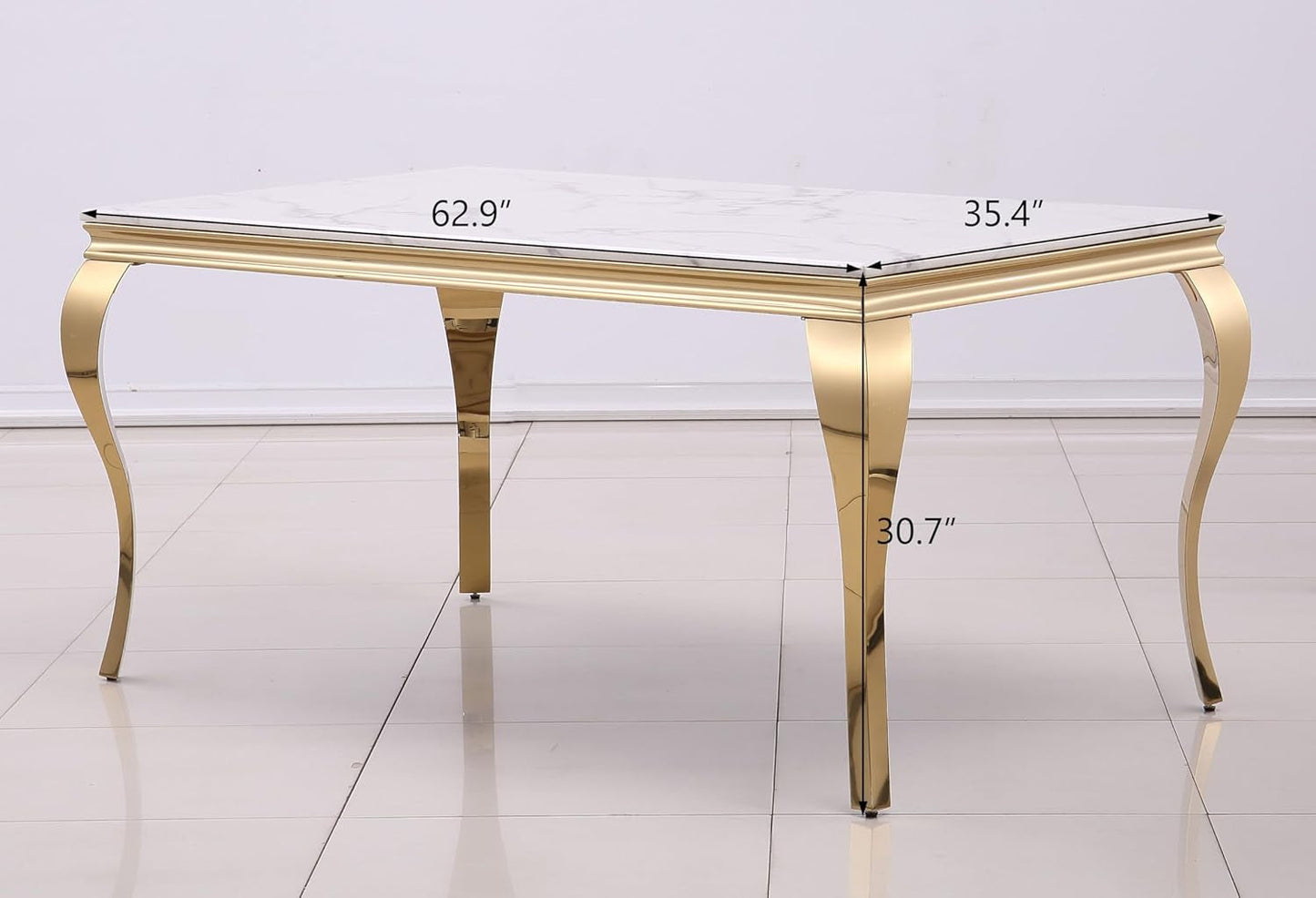 Dining Table, 63 Inch White and Gold Rectangle Dining Room Table with Gorgeous Polished Cabriole Legs-1