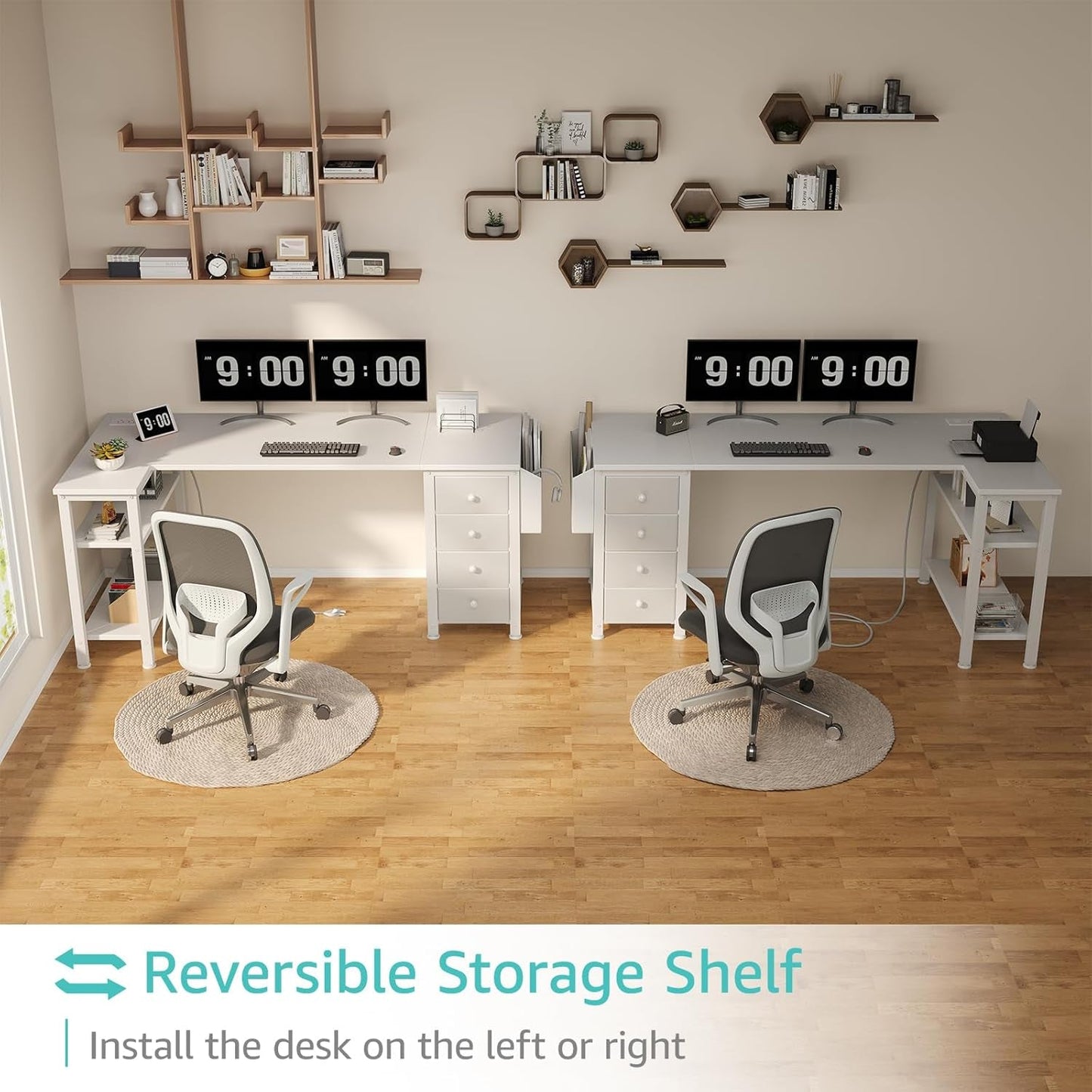 White L Shaped Desk with Drawers & Storage Shelves, 55 Inch Corner Computer Desk with Power Outlet for Home Office Bedroom, L-Shaped Teen PC Desks with Fabric Drawer, White-3