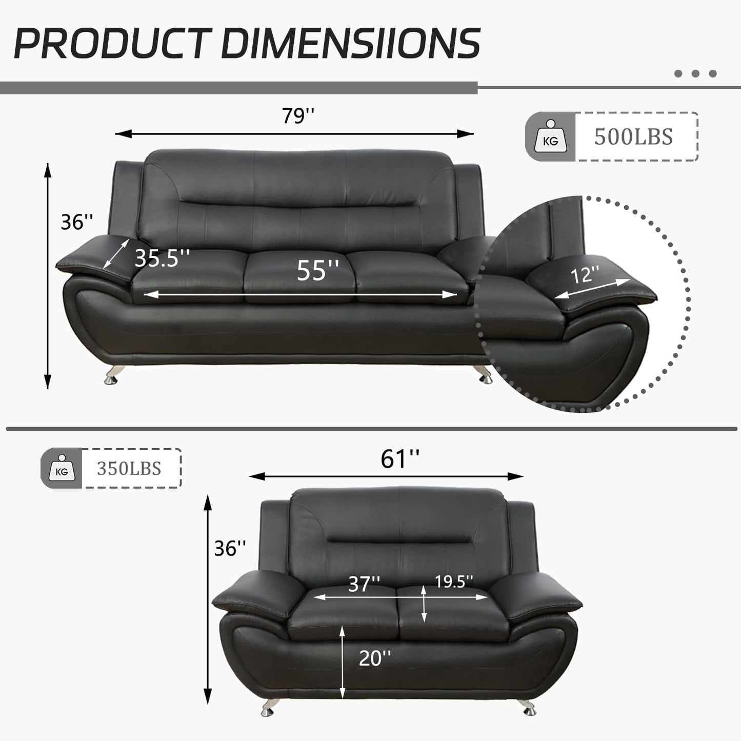 Black Faux Leather Sofa Loveseat Set Living Room-1
