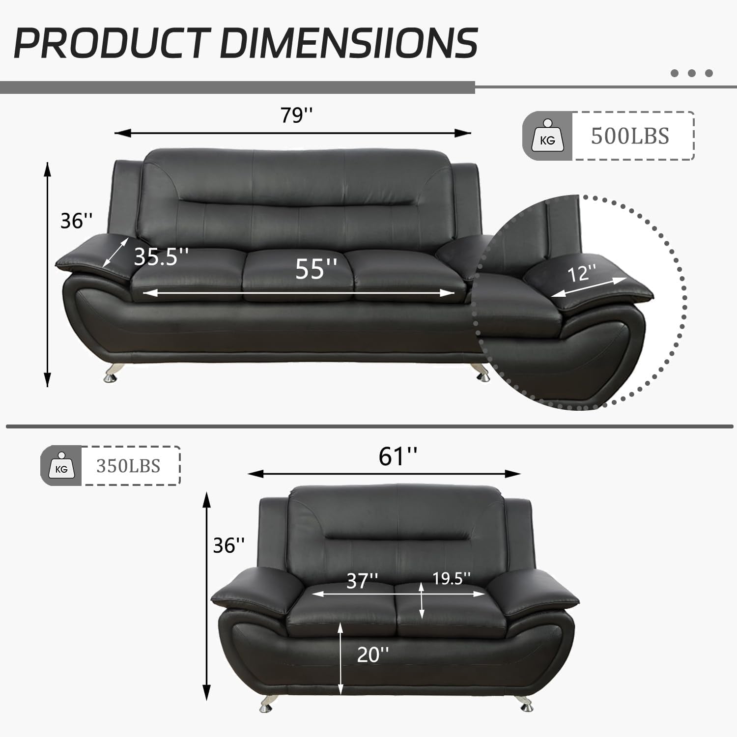 Black Faux Leather Sofa Loveseat Set Living Room-1