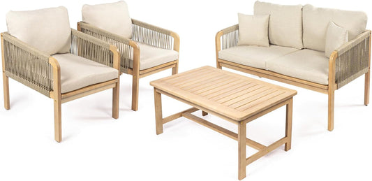 LVG1202A-4SET Tavira 4-Piece Modern Bohemian Acacia Wood Outdoor Patio Set with Cushions and Plain Decorative Pillows Coastal, Contemporary, Transitional, Rustic, Cottage, Beige/Light Teak-0