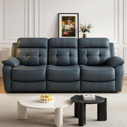 3-Seat Reclining Sofa, Tufted Power Reclining Sofa Couch with Drop down Table, PU Leather Reclining Sofa, Power Recliner for Living Room, Home Theater, Genuine Leather (Light Grey-Blue)-0